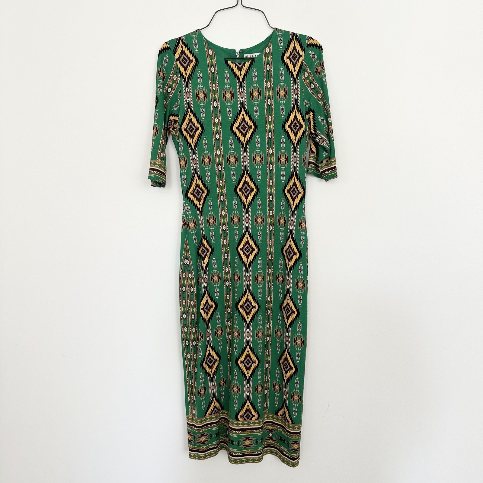 Alice + Olivia Delora Sheath Dress 6 Green Mystic Ikat Midi Bodycon Tribal Boho